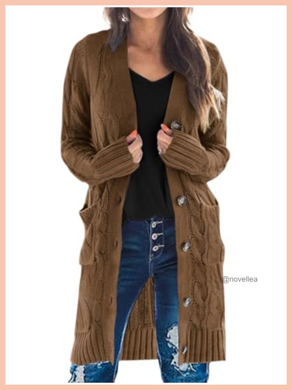 Cable Knit Button Long Cardigan Sweater with Pockets